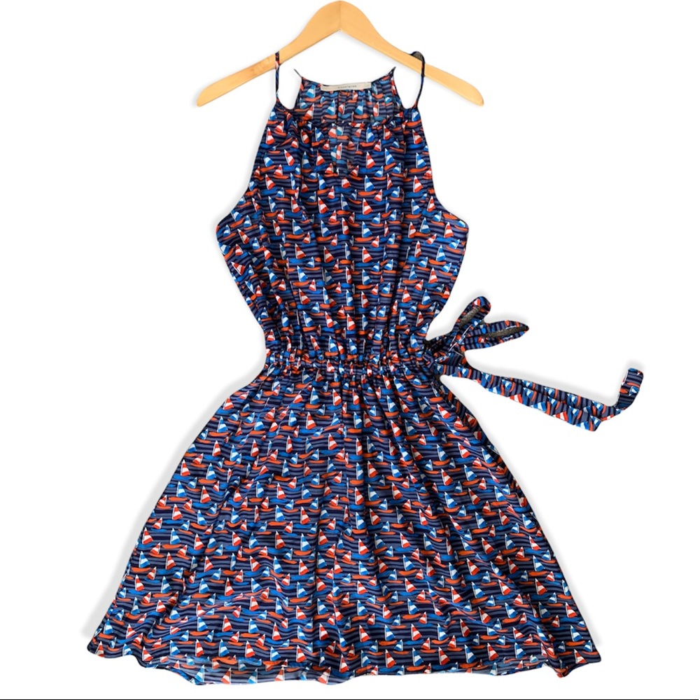 41Hawthorn Dress Size X-Large Sailboat Printed Tie Belt Keyhole Neck Navy Slip